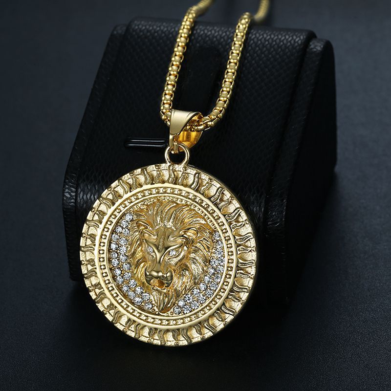316L Stainless Steel Iced Lion Head Pendant Necklace gold-tone view 3