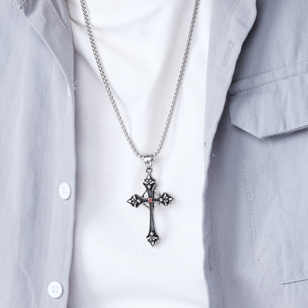 The Gothic Fleur Cross Pendant Necklace in Titanium Steel