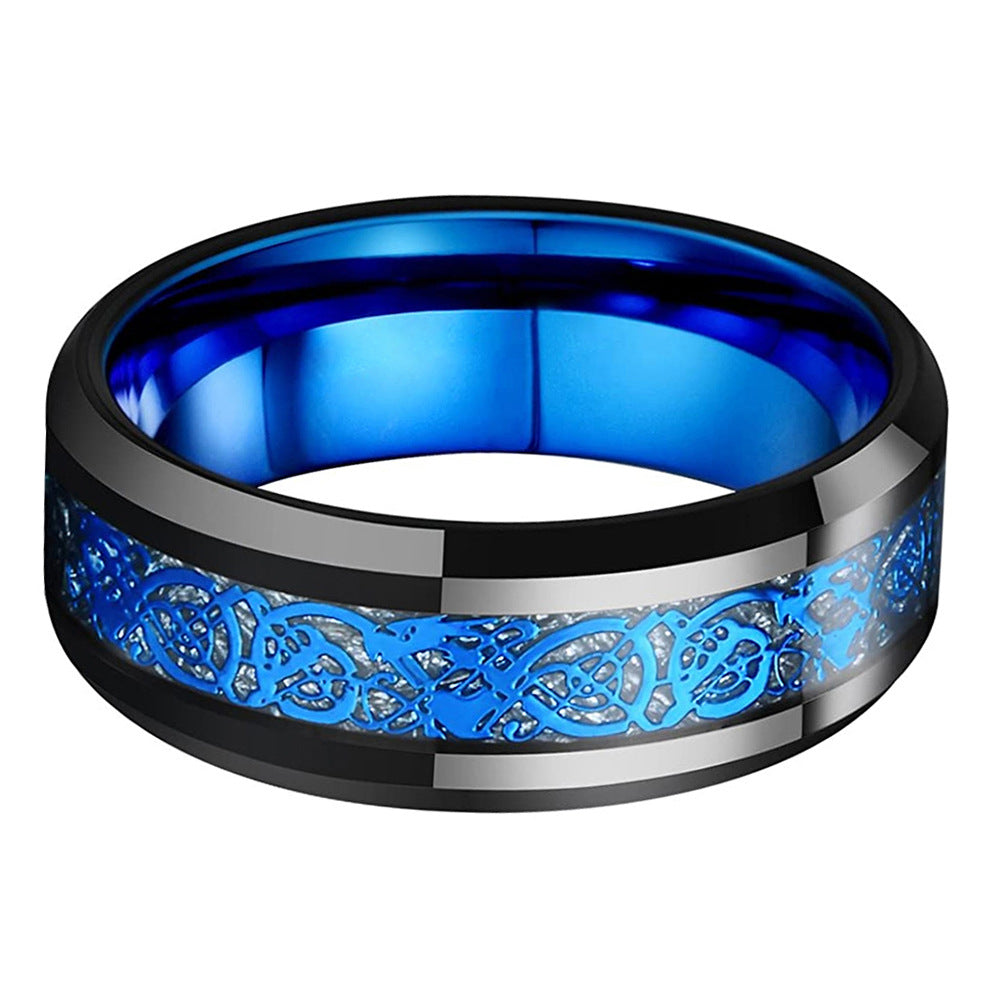 8mm Black Tungsten Carbide Dragon Ring with blue inlay view 2
