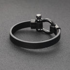 Black Leather Shackle Bracelet with black finish titanium steel clasp view 3