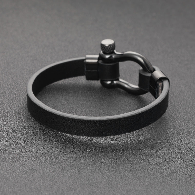 Black Leather Shackle Bracelet with black finish titanium steel clasp view 3