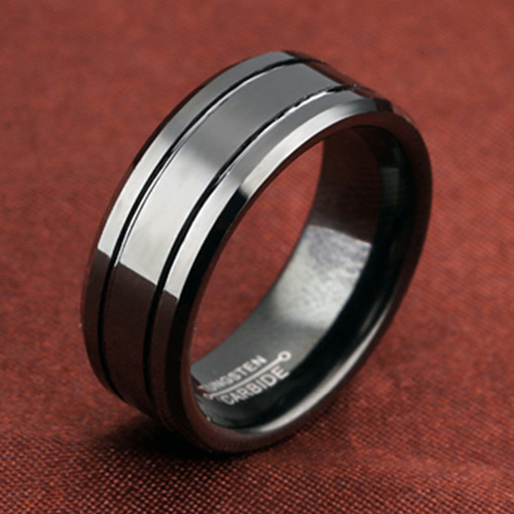 8mm Black Tungsten Carbide Dual Groove Ring on white background view 2