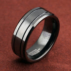 8mm Black Tungsten Carbide Dual Groove Ring on white background view 2