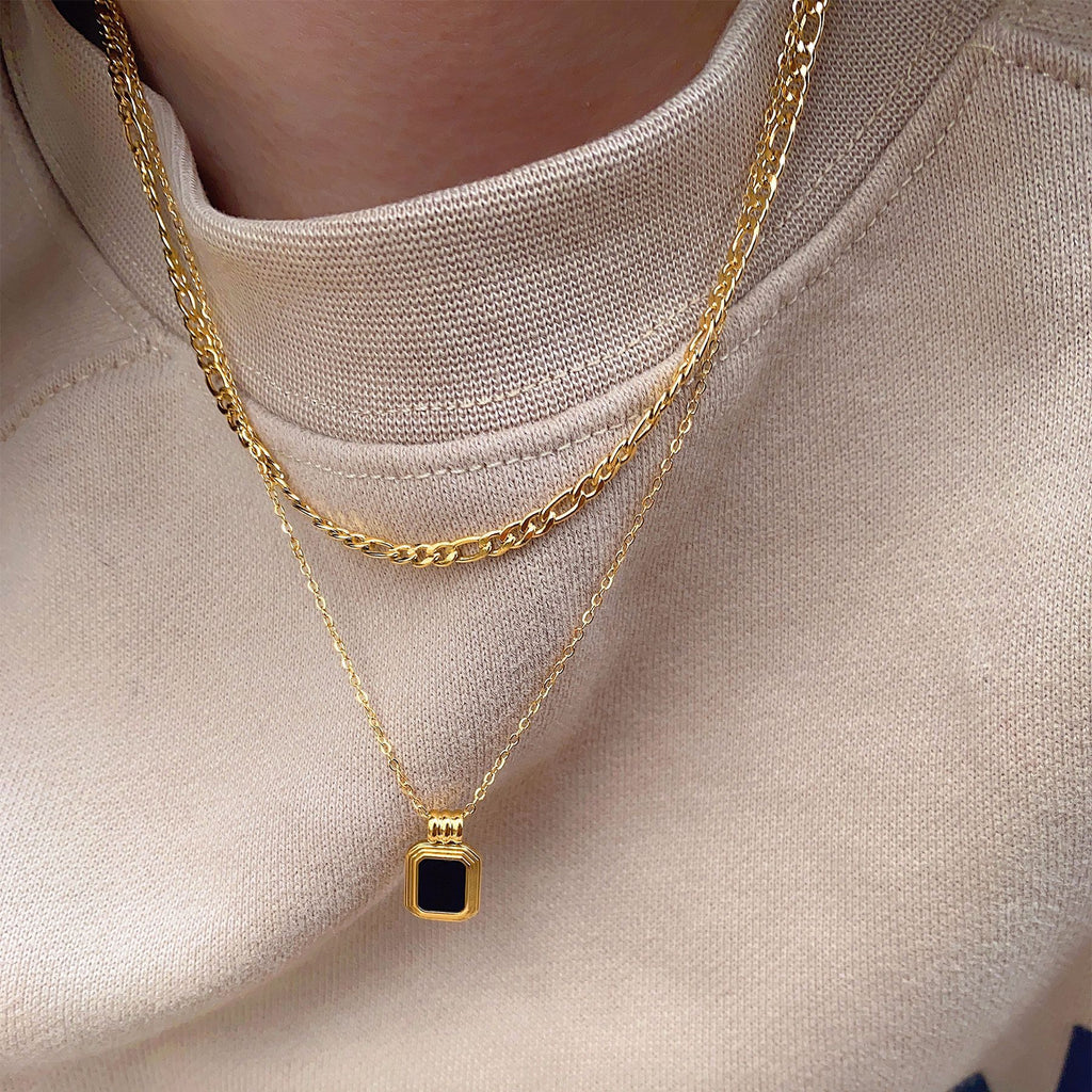 Layered Figaro Chain Square Pendant Necklace with black stone view 4