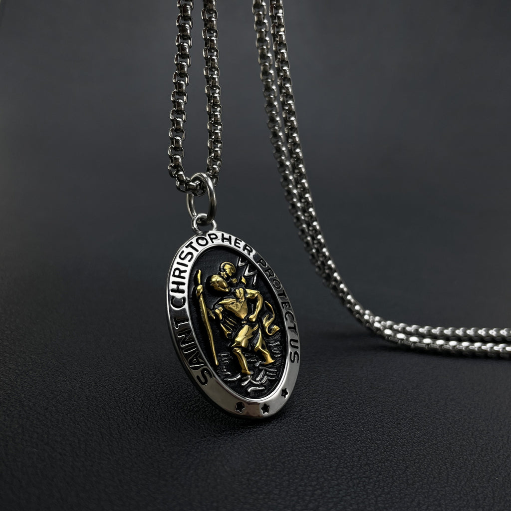 Saint Christopher Oval Pendant Necklace on a chain, silver and gold-tone view 2