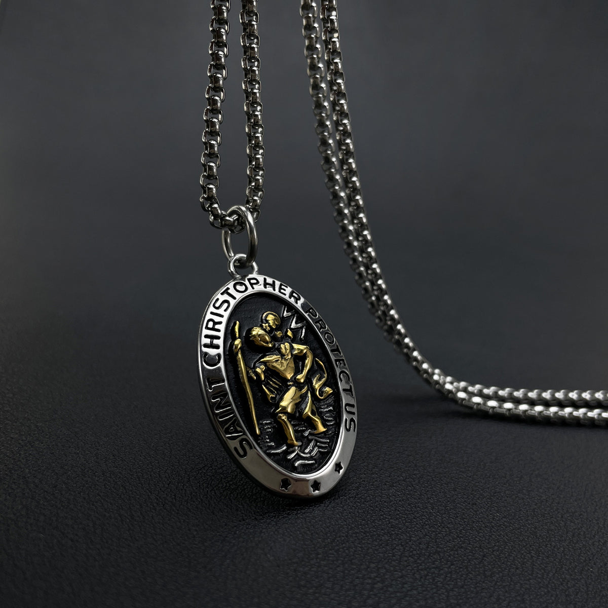 Saint Christopher Oval Pendant Necklace on a chain, silver and gold-tone view 2