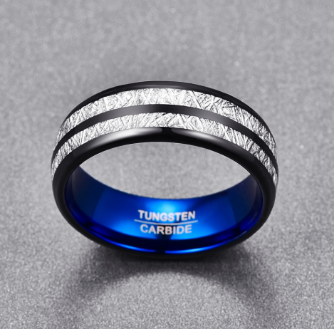 8mm Black Tungsten Carbide Blue Inlay Ring on white background view 3