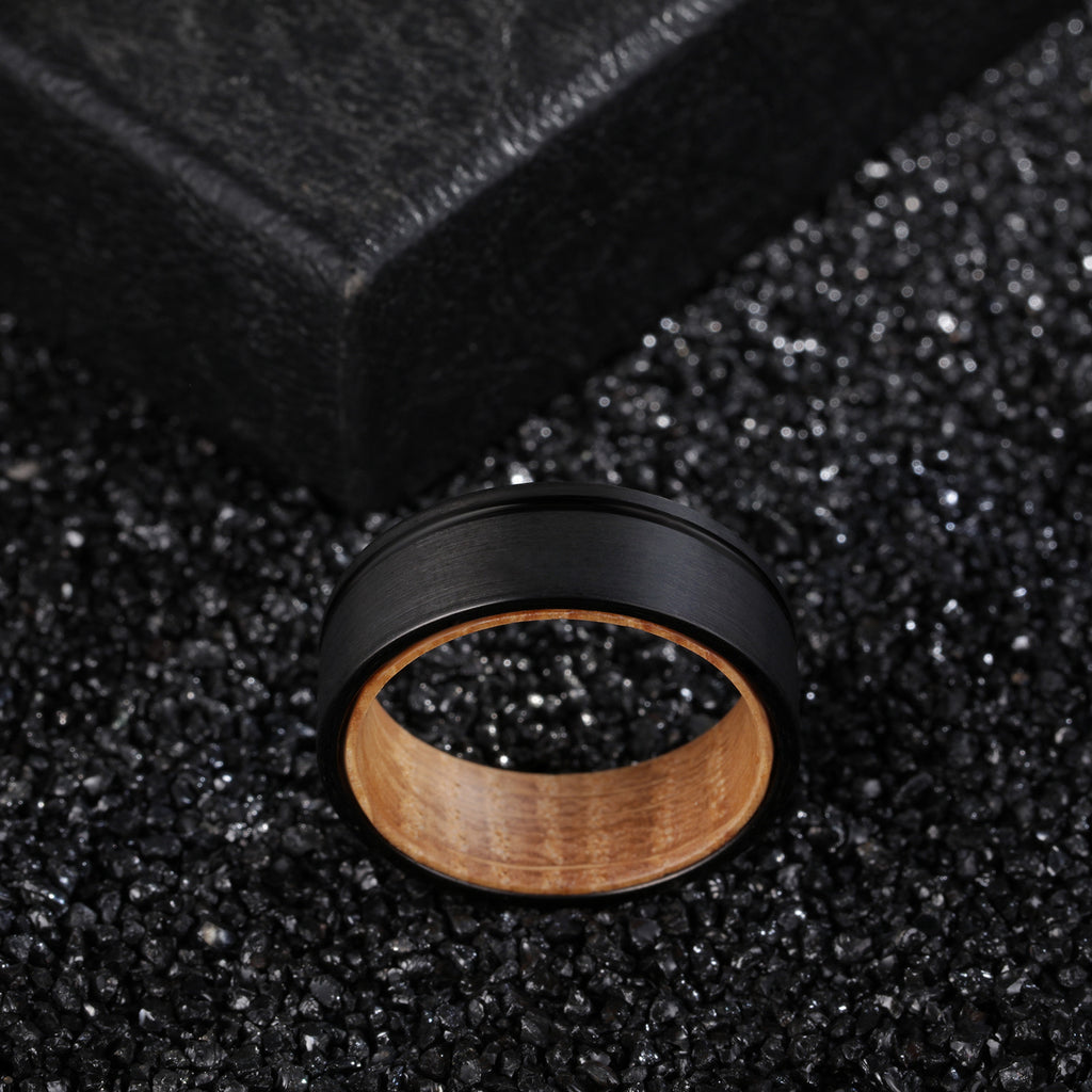 8mm Black Tungsten Carbide Wood Inlay Ring, modern, durable, men's jewelry view 3