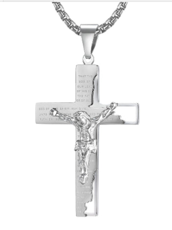 Crucifix Pendant Necklace with engraved scripture in silver finish view 3