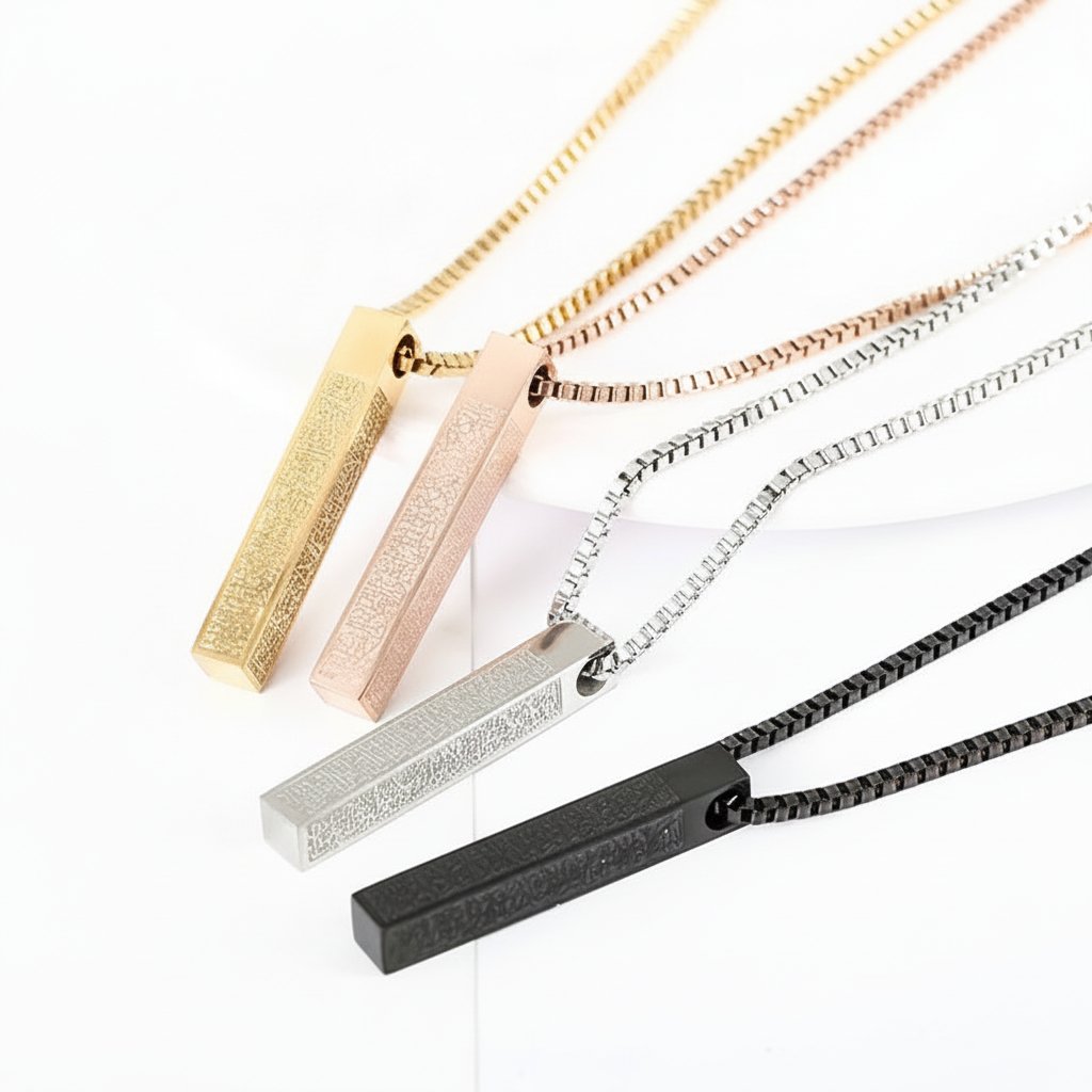Script Etched Titanium Steel Bar Pendant Necklace in multiple finishes