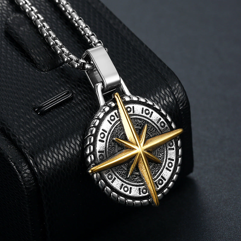 Stainless Steel Compass Pendant Necklace, silver-tone with detailed compass rose view 5