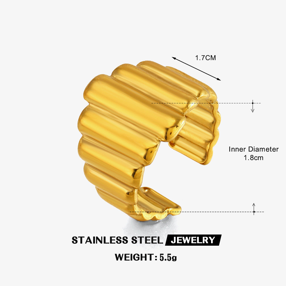 Vertical Stripe Stainless Steel Cuff Ring, gold-tone, ribbed texture view 5
