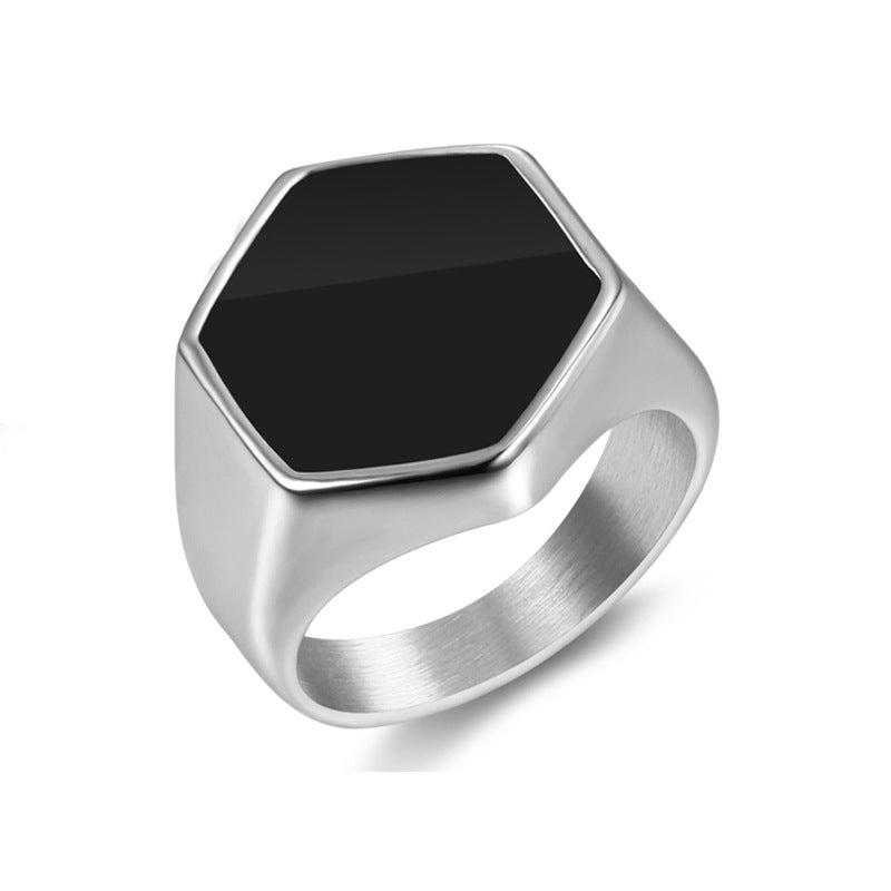 316L Stainless Steel Hexagon Signet Ring with black inlay view 6