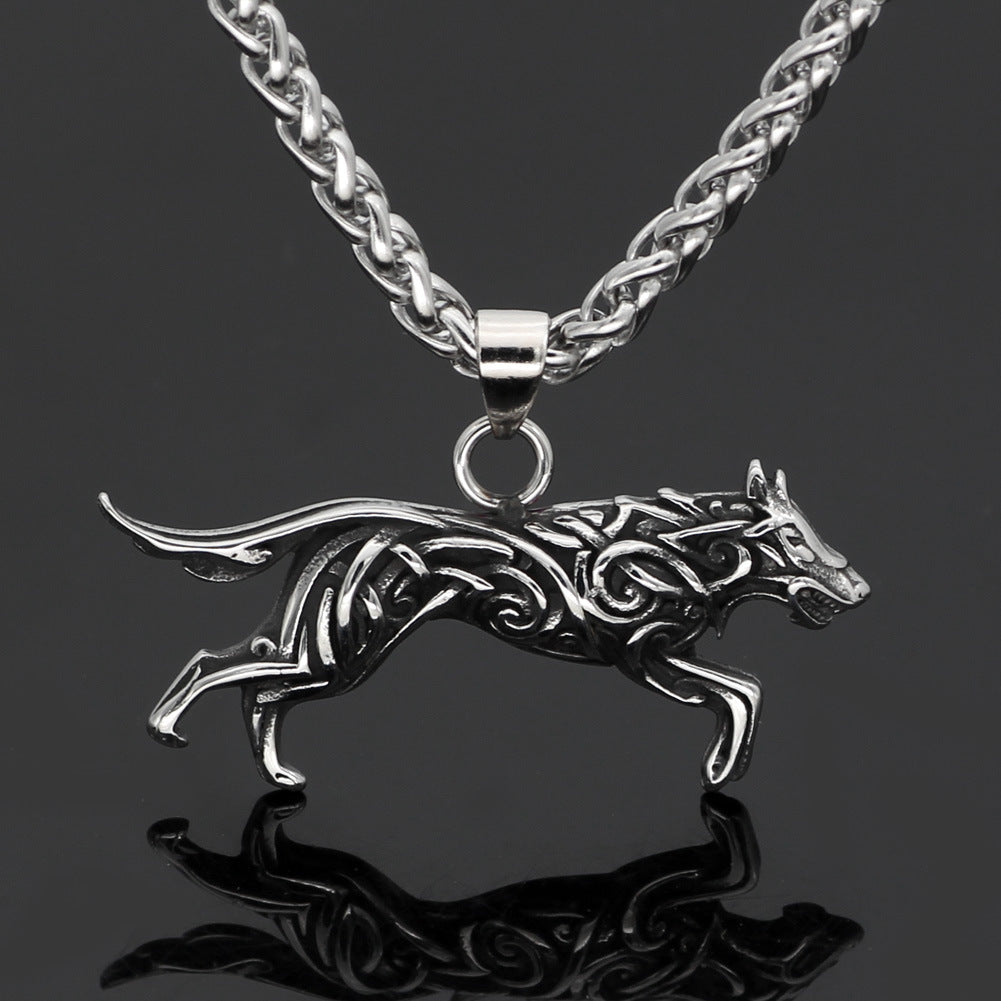 Titanium Steel Wolf Knotwork Pendant Necklace with wheat chain