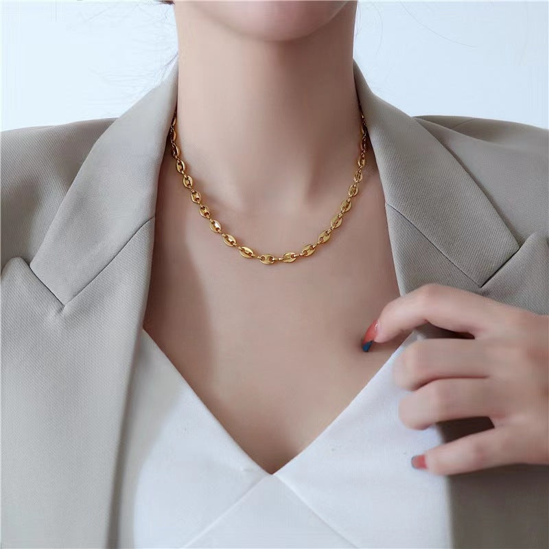 Titanium Steel Coffee Bean Link Necklace, silver chain view 5