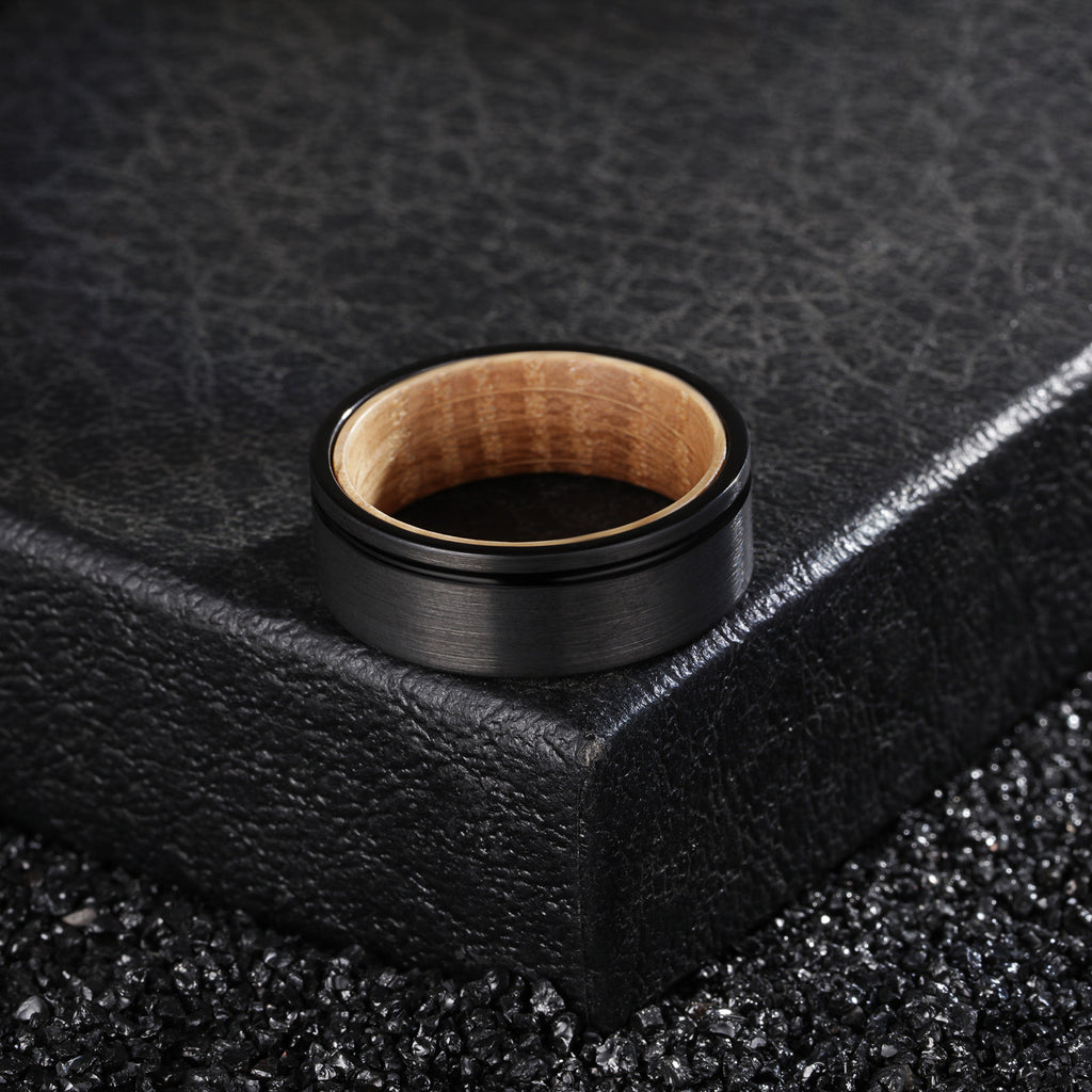 8mm Black Tungsten Carbide Wood Inlay Ring, modern, durable, men's jewelry view 2