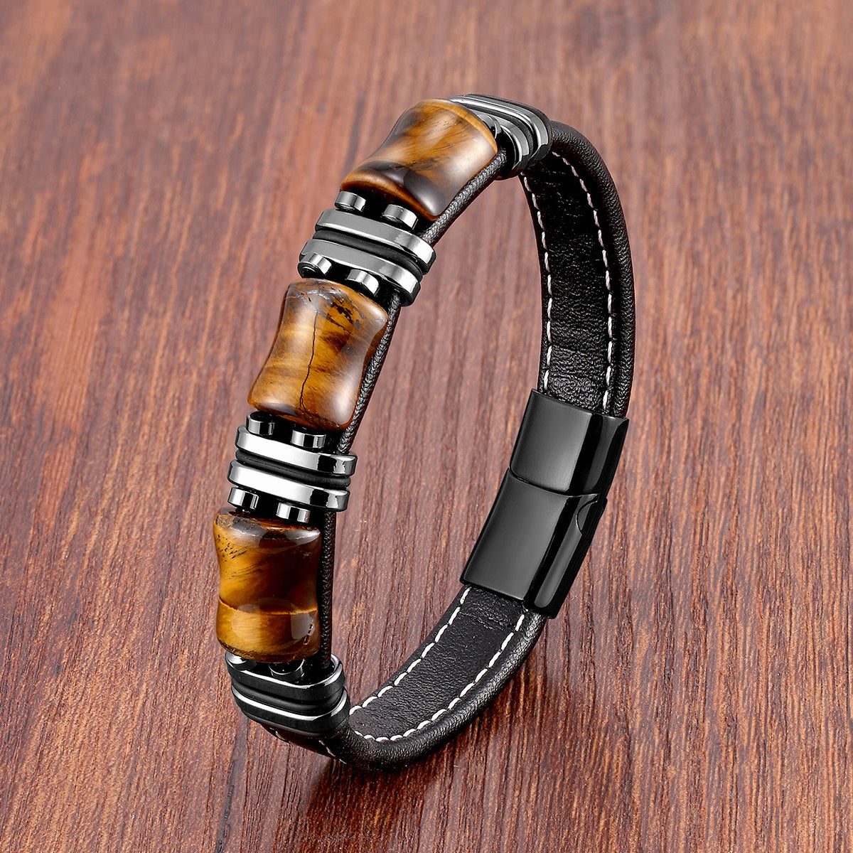 Braided Leather Gemstone Magnetic Bracelet with tiger eye stones view 4