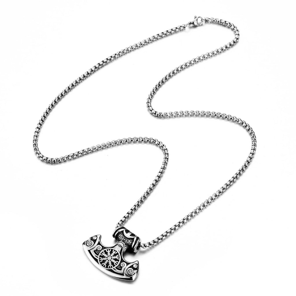 Titanium Steel Viking Hammer Pendant Necklace with Aegishjalmr symbol view 5