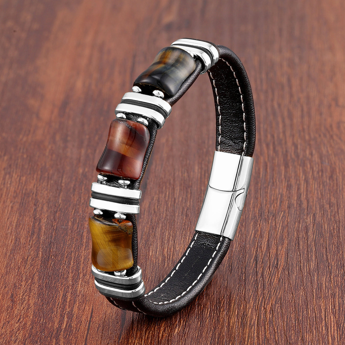 Braided Leather Gemstone Magnetic Bracelet with tiger eye stones view 5