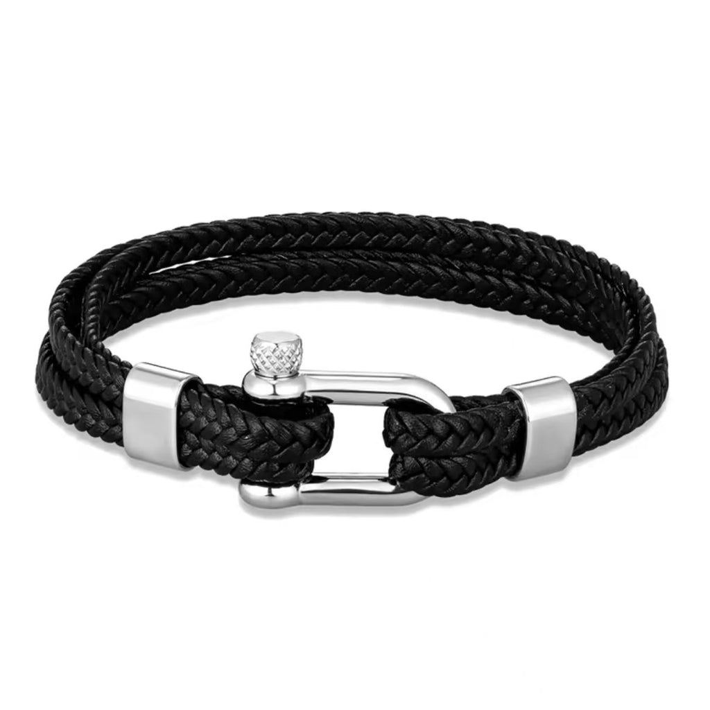 Braided Leather Shackle Bracelet with silver-tone clasp