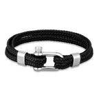 Braided Leather Shackle Bracelet with silver-tone clasp
