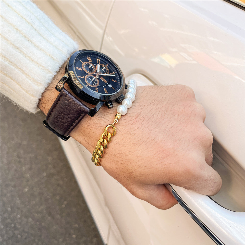 The Half Pearl Cuban Bracelet in Titanium Steel