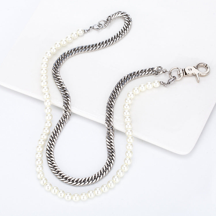 The Layered Pearl and Curb Chain Necklace in Steel, view 3