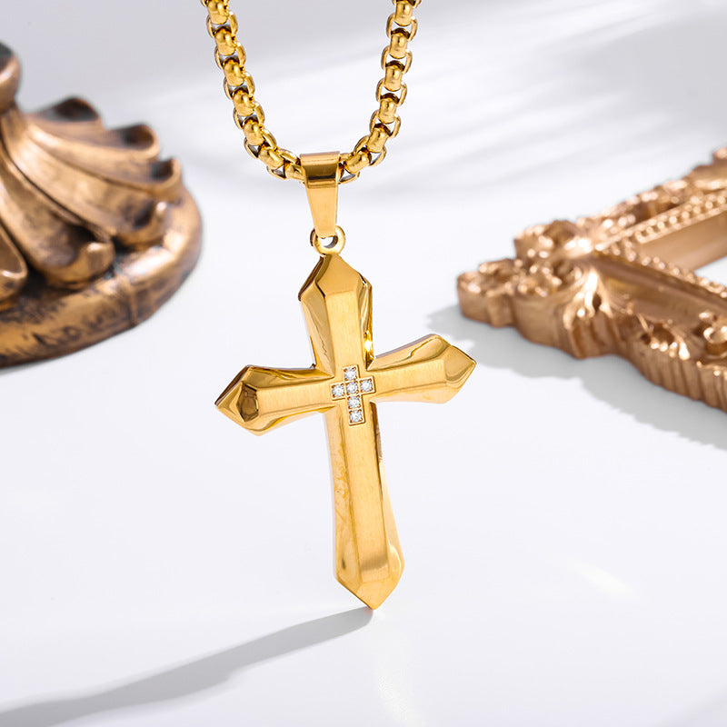 The Zircon Cross Pendant Necklace in Titanium Steel, view 3