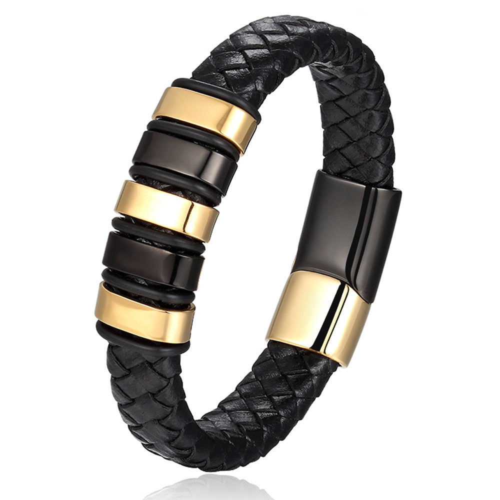 Braided Leather Two-Tone Bar Bracelet with gold-tone finish