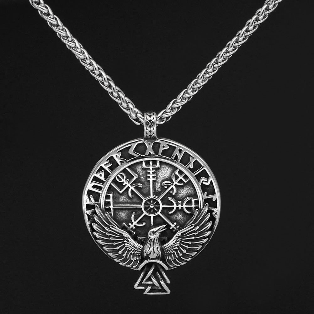 Stainless Steel Viking Raven Compass Necklace with detailed Vegvisir and runes