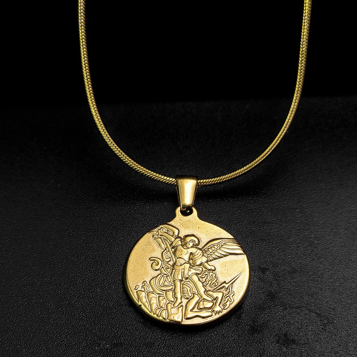 Archangel Michael Snake Chain Necklace silver finish view 5
