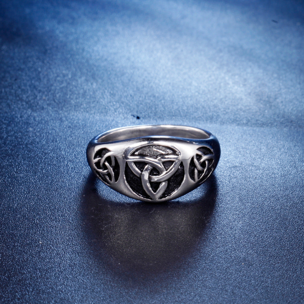 Stainless Steel Celtic Knotwork Ring, silver tone, front view view 3