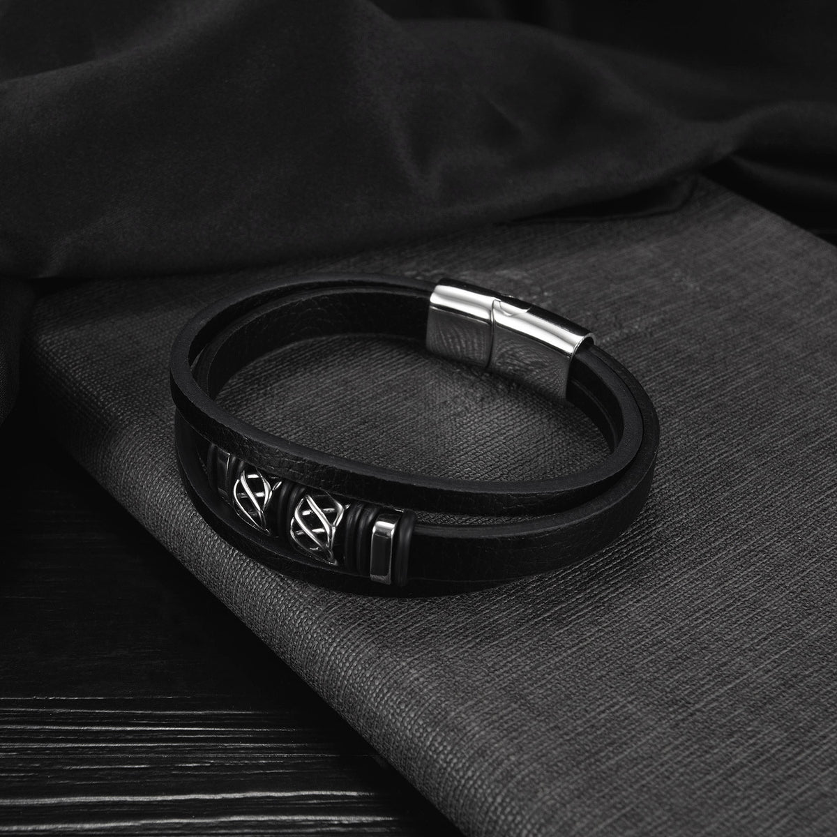 Multi-Strand Leather Knotwork Bracelet with silver-tone metal details and magnetic clasp view 3
