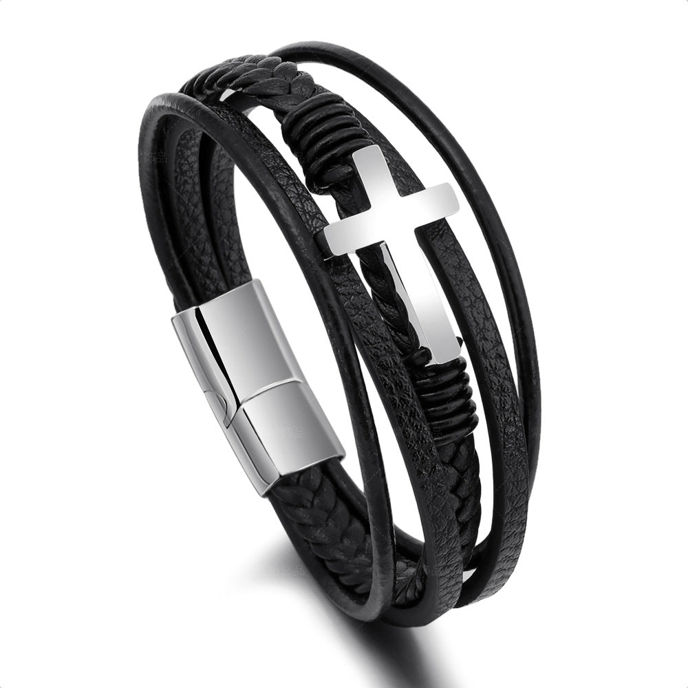 Braided Leather Cross Bracelet black finish view 5