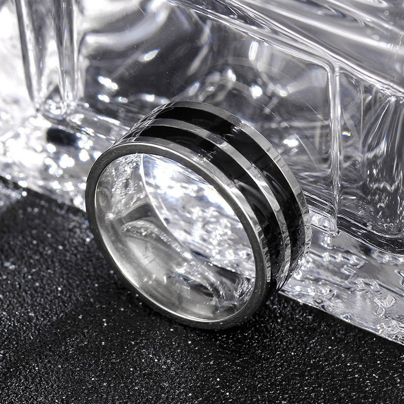 8mm Stainless Steel Double Inlay Ring on a dark background view 4