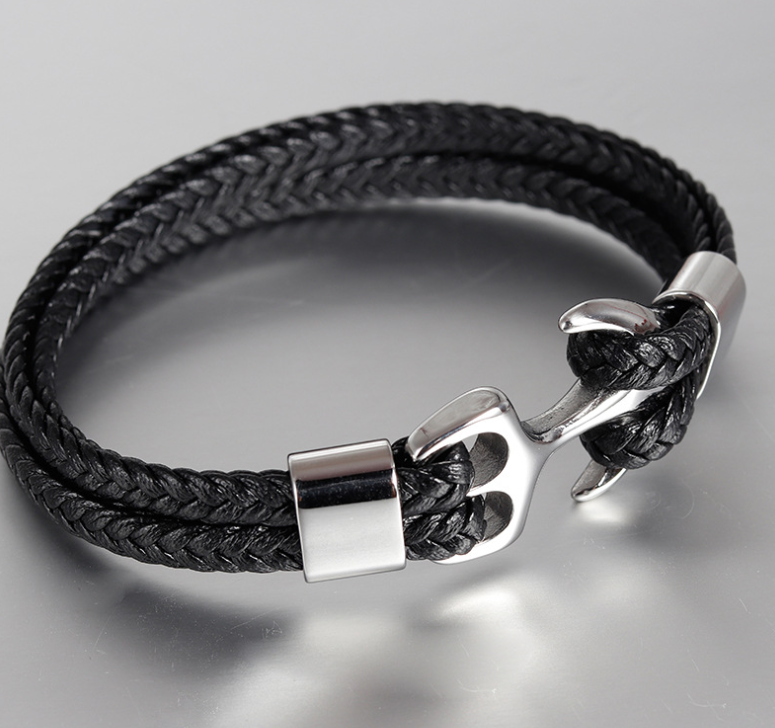 Braided Leather Anchor Bracelet with silver-tone clasp