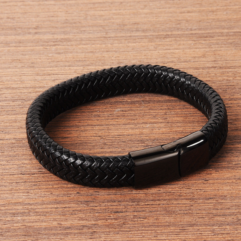 Black Braided Leather Magnetic Bracelet - black leather, magnetic clasp view 2