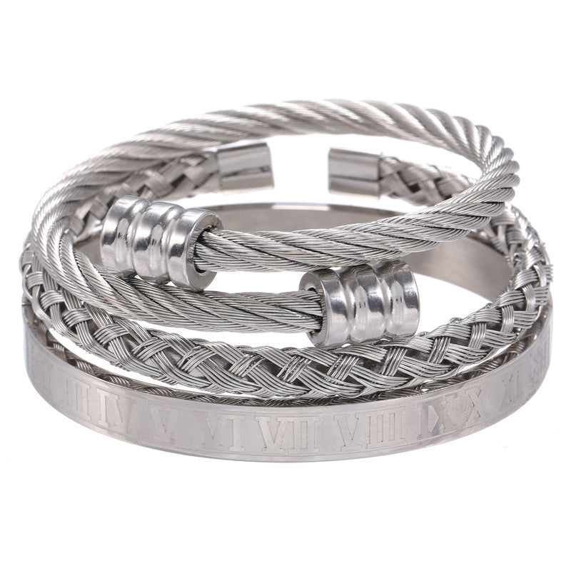 Stainless Steel Roman Numeral Bracelet Set with gold-tone accents view 5