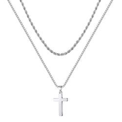 Titanium Steel Layered Cross Necklace in silver finish