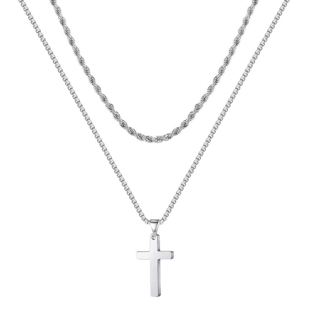 Titanium Steel Layered Cross Necklace in silver finish