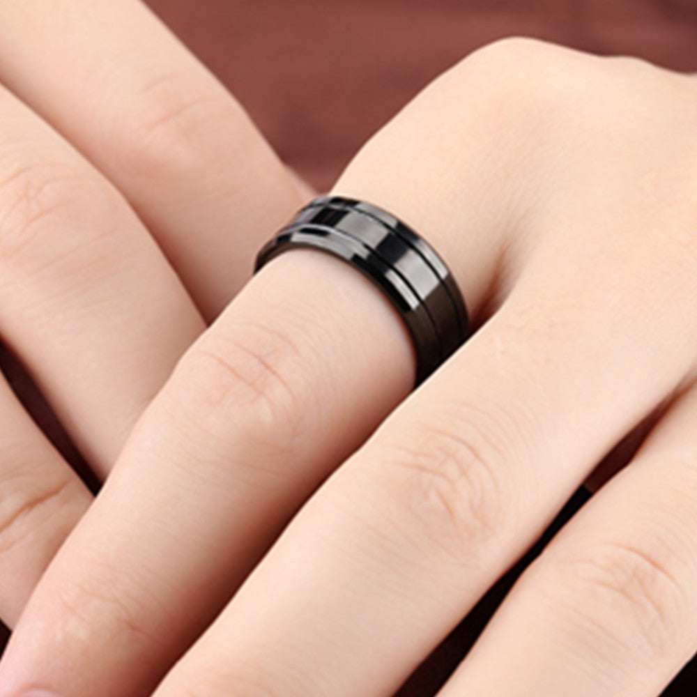 8mm Black Tungsten Carbide Dual Groove Ring on white background view 4
