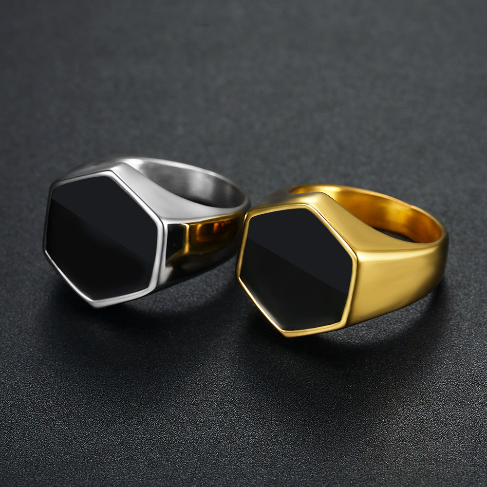 316L Stainless Steel Hexagon Signet Ring with black inlay view 3