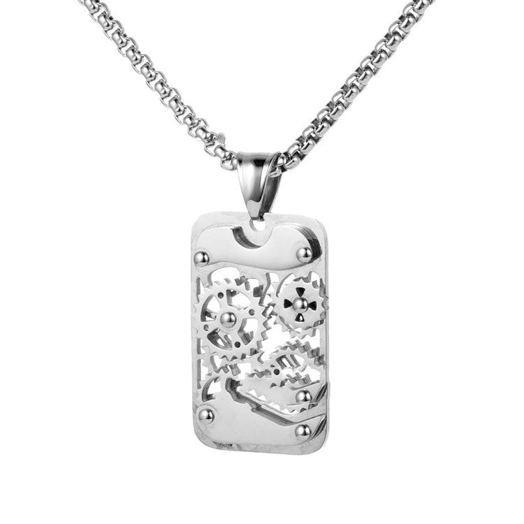 Titanium Steel Mechanical Gear Dog Tag Necklace silver-tone gears