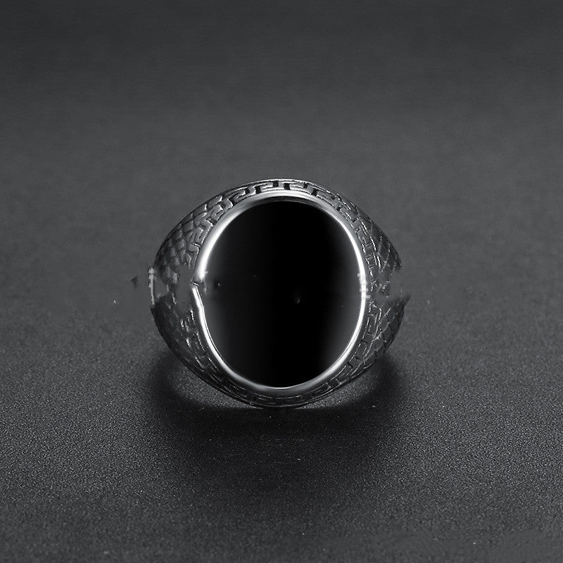 Stainless Steel Black Inlay Signet Ring with geometric patterns view 3