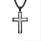 Two-Tone Inlaid Cross Pendant Necklace Black Silver finish