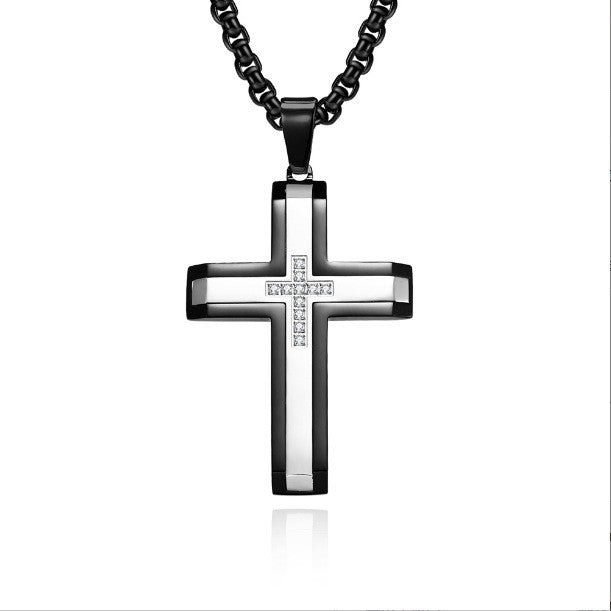 Two-Tone Inlaid Cross Pendant Necklace Black Silver finish