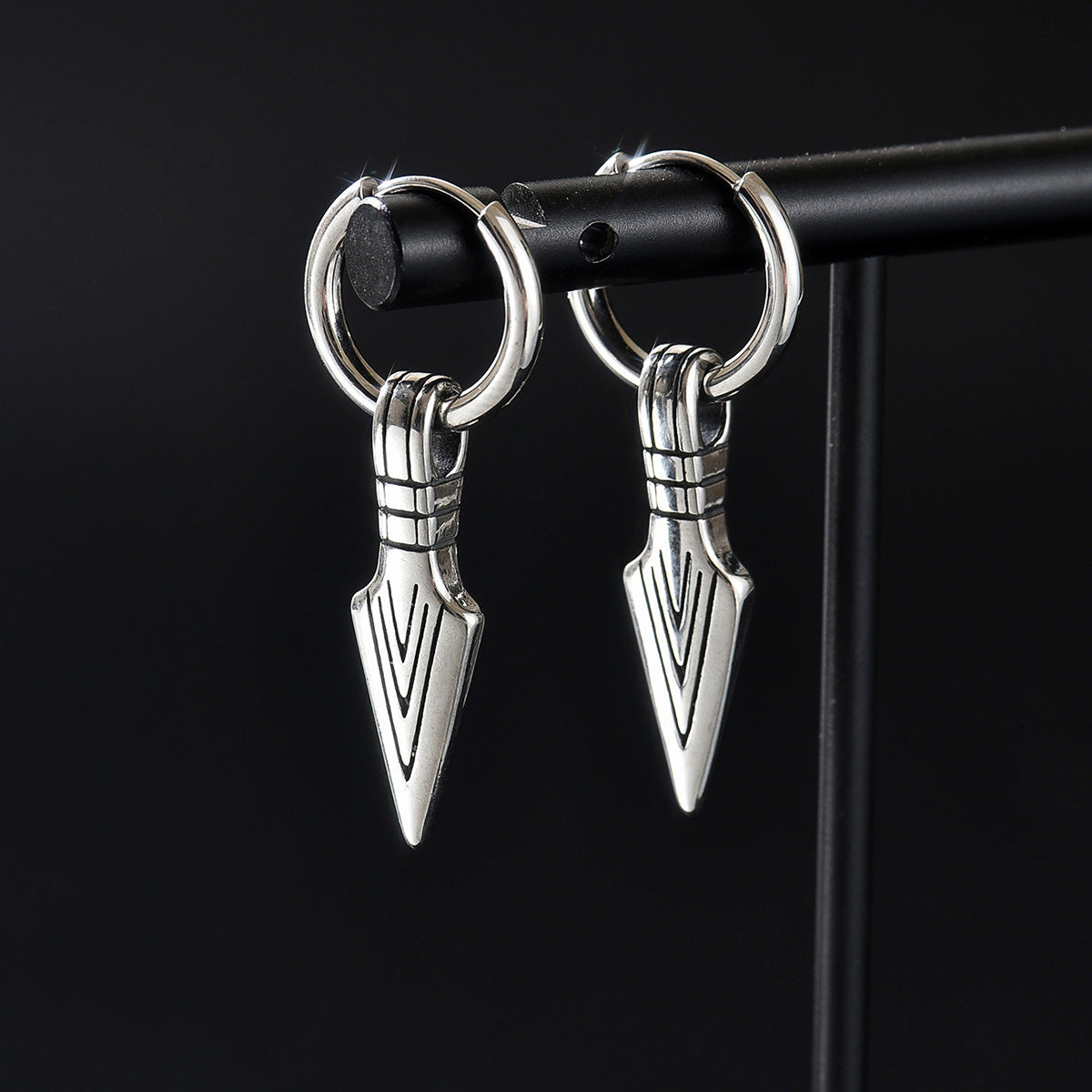 Stainless Steel Arrow Dangle Hoop Earrings, silver finish view 3