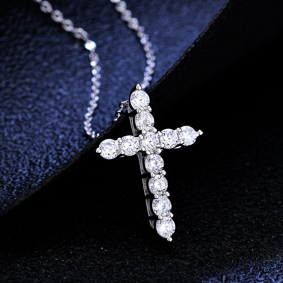 Titanium Steel CZ Cross Necklace, silver-tone cross with stones view 2
