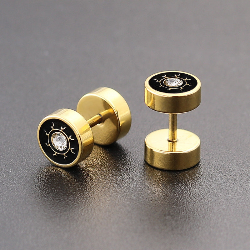 Barbell Stud Earrings with Inlay - Gold-tone geometric floral stud view 5