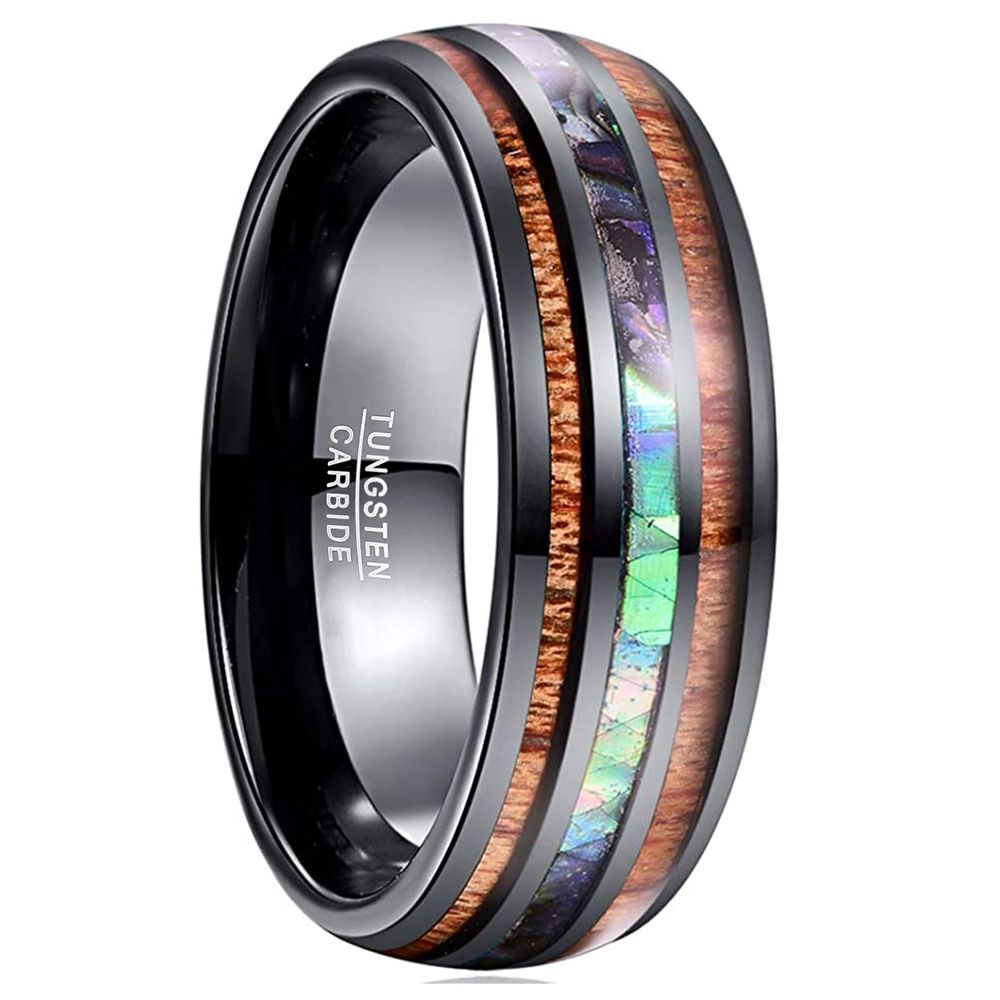 Black Tungsten Wood Abalone Band ring with wood and abalone shell inlay view 4